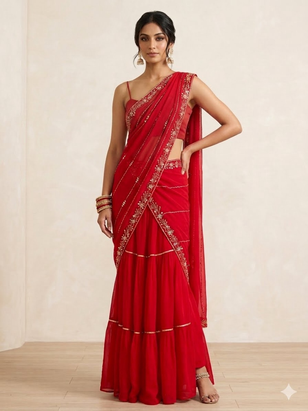 Red Embellished pre draped silk Saree with Gold Trim med-xl